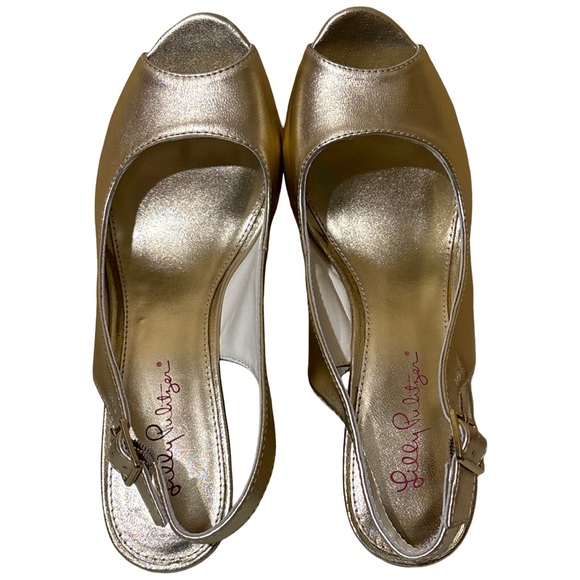 Lilly Pulitzer Kristin Slingback Peep Toe Metallic Gold Wedge Sandals - Picture 5 of 10